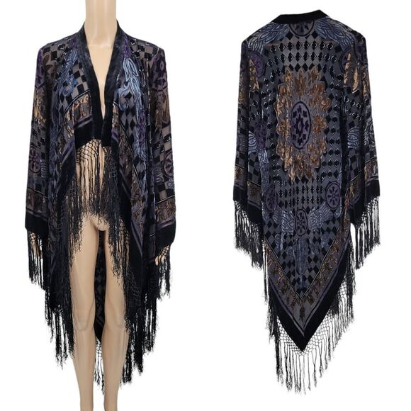 Boston Proper Silk Velvet Burnout Kimono Duster Fringe Longline Maxi Length - Picture 1 of 13